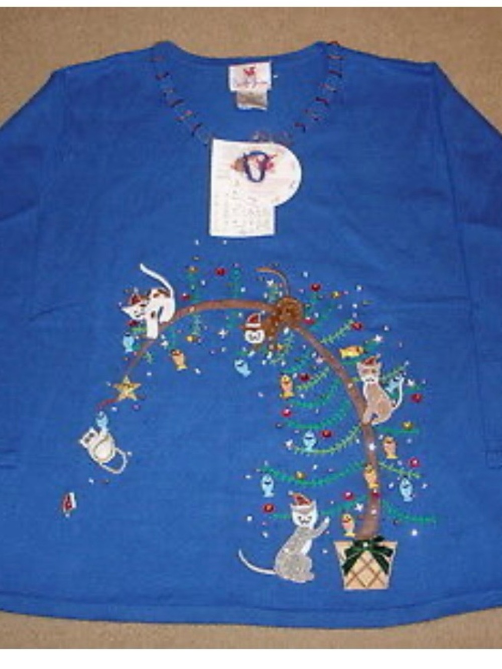 Quacker Factory Blue Holiday Cat Tree V-Neck Sweater - 3X
